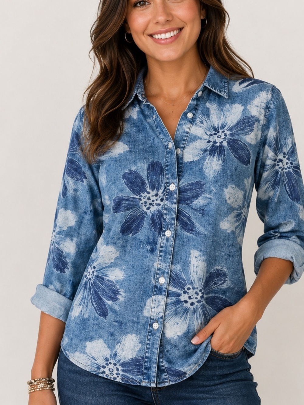 Women’s Blue Floral Print Button Jean Top Size L, NWT - Picture 1 of 4